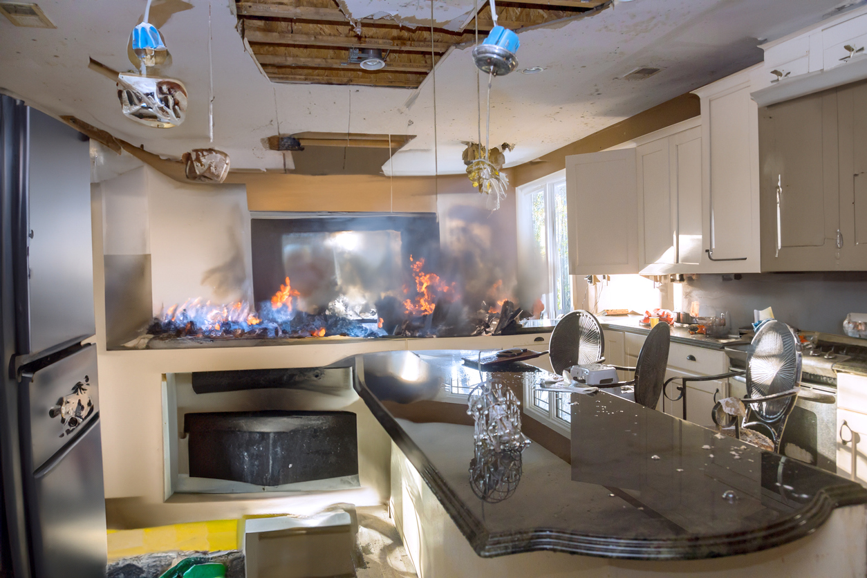 Smoke contamination after a fire affects a kitchen, which needs fire damage restoration contractors.