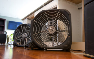 Two Black Fans On The Wood Floor Of A Michigan Home Start Drying Water Damage While The Homeowner Waits For A Restoration Company.