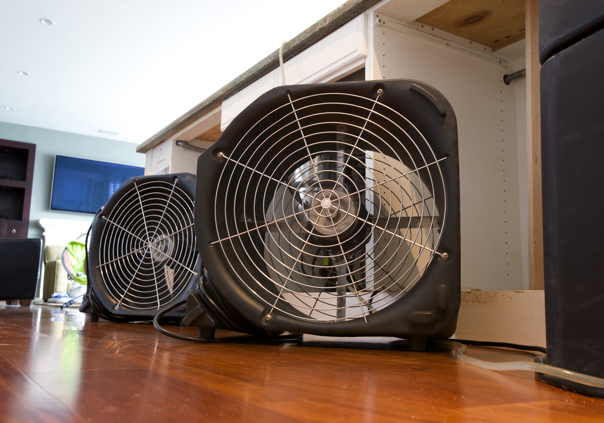 Two black fans on the wood floor of a Michigan home start drying water damage while the homeowner waits for a restoration company.