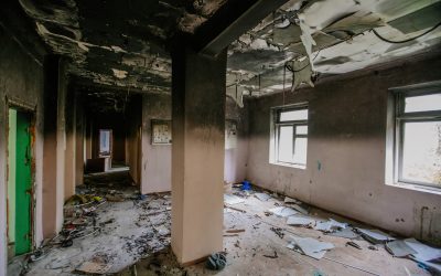 Burnt Building Showing Signs Of Damage, Including Soot, From Recent Fire.